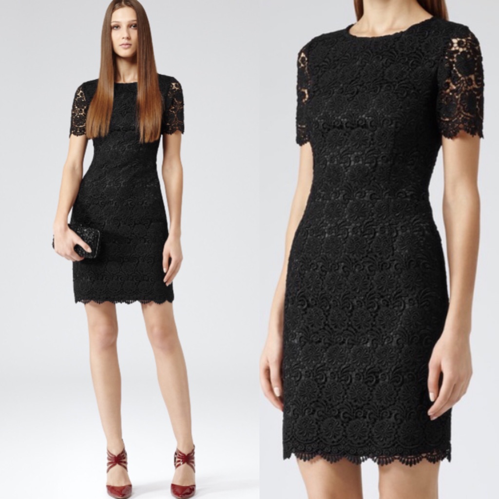 Reiss Swift Guipure Lace Shift Dress Short Sleeve Little Black Dress Feminine